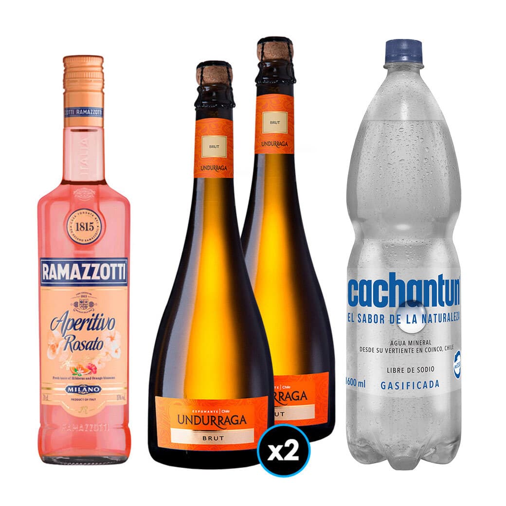 PACK SPRITZ PERFECTO N°12 1x Licor Aperitivo Ramazzotti Rosato 700cc  + 2x Espumante Undurraga Brut + 1x Agua Mineral Cachantun Con Gas 1.6 Litros_1
