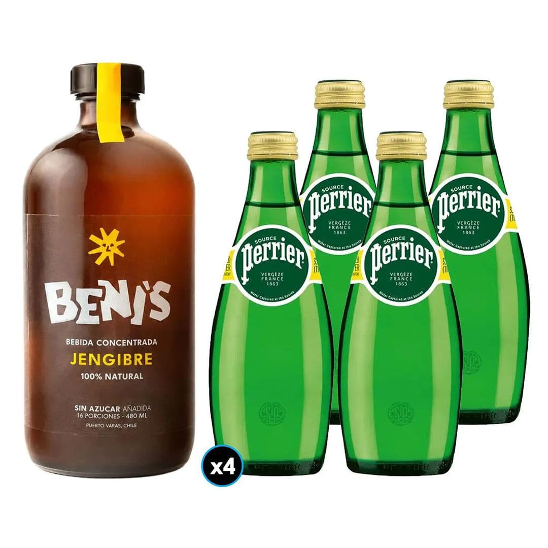 Pack Golden Twist: Agua Mineral Perrier Con Gas Botella Vidrio 330cc + Beni's Bebida de Jengibre Natural 480cc_1