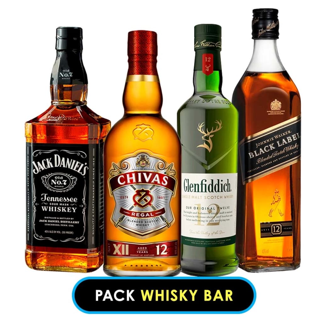 PACK WHISKY BAR: Jack Daniels 750cc + Chivas Regal 12 años 750cc + Glenfiddich 12 años 750cc + Johnnie Walker Black Label 750cc_1